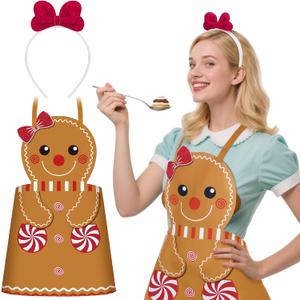 Mepase 2 Pcs Christmas Gingerbread Costumes Women's Gingerbread Apron with Hairband Cookie Costume Accessories Gifts for Party Adult Christmas Xmas Halloween Supplies