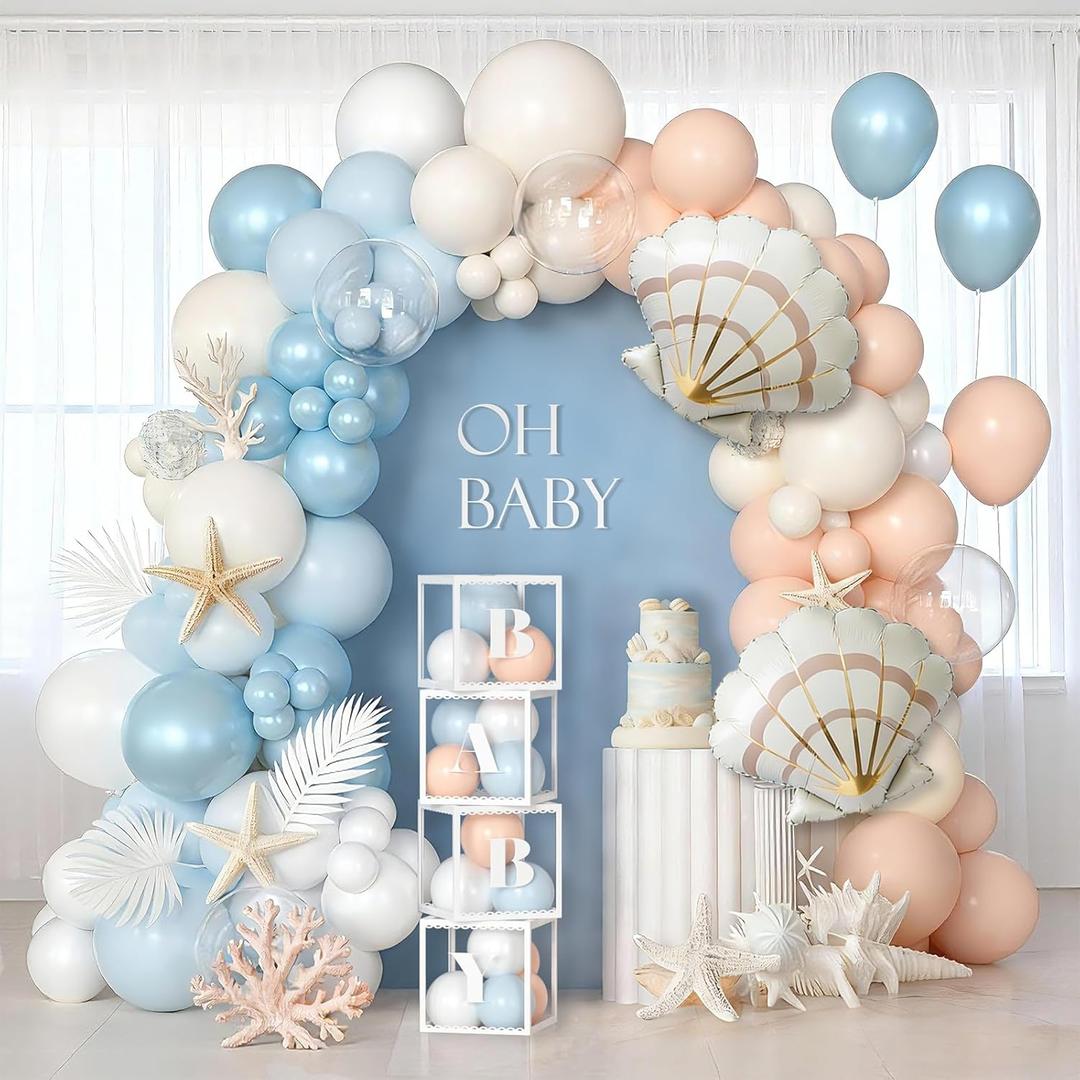 SNLN Under the Sea Baby Shower Decorations, Ocean Themed Birthday Party Decorations, Blue Pastel Orange White Balloon Arch Seashell Foil Balloon Box Sea You Soon Baby Shower Gender Reveal Decoration