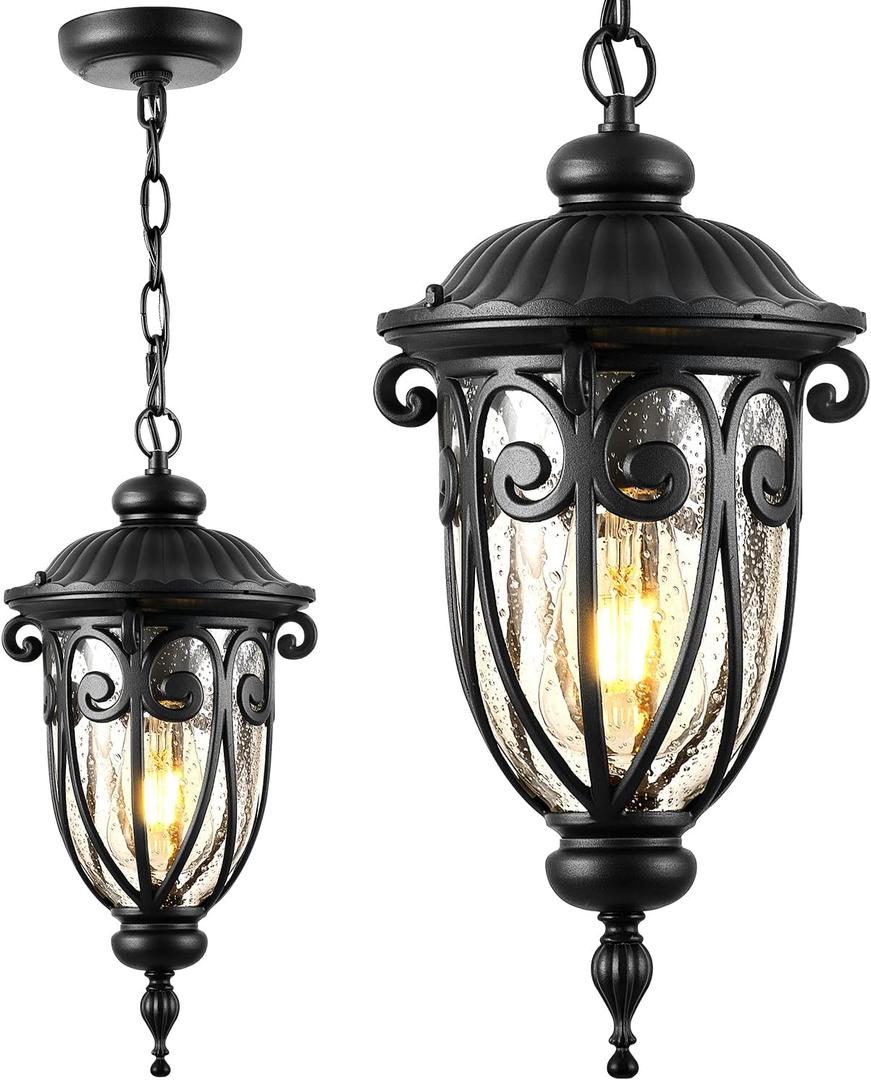 VIANIS Black Outdoor Pendant Light Lantern, Modern Chandelier, Handcrafted Hanging Lights with Seed Glass, Outdoor Ceiling Lights for Porch, House, Doorway, Garden, Entryway (Medium Size)