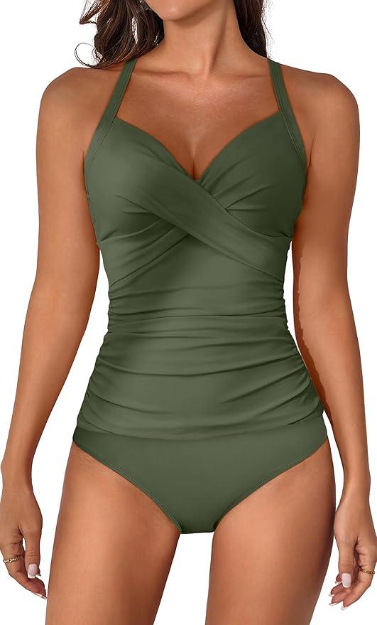 B2prity Women's Ruched Tankini Swimsuits V Neck Wrap Tie Back Two Pieces Bathing Suit Tummy Control Swimwear, Size large