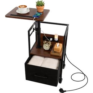 Modern Rolling Nightstand with Charging Station for Small Space, 360 Swivel Bedside Table with Height Adjustable, Bed Side Table with Drawer Storage for Bedroom - Walnut Look
