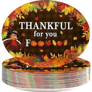 23 Pcs Friendsgiving Oval Paper Plates 10" x 12" Large Disposable Heavy Duty Thanksgiving Fall Turkey Leaf Pumpkin Platters Thankful for You Dessert Plates for Autumn Harvest Friendsgiving Decorations