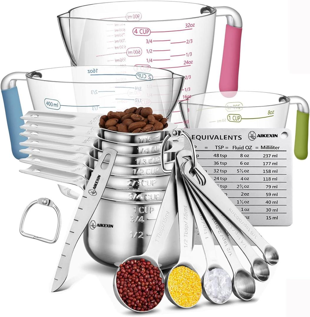 AIKEXIN 20-Piece Measuring Cups and Spoons Set, Nesting Stainless Steel Measuring Cups Spoons with Plastic Measuring Cup for Dry and Liquid Ingredients, Kitchen Cooking & Baking Gadgets