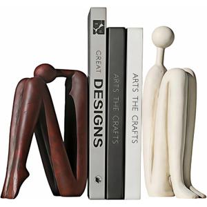 Resin Book Ends, Abstract Thinker Modern Minimalist Decorative Sculpture Bookends, Non-Slip Heavy Duty Bookends for Shelves for Home Office Shelves Desk, Set of 2 (Brown & White)