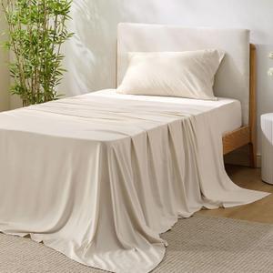 Bedsure Twin Sheet Set, Cooling Sheets for Twin Size Bed Set, Rayon Derived from Bamboo, Breathable & Soft Deep Pocket Up to 16 Inches, Hotel Luxury Silky Bedding, Bedsheet & Pillowcases, Light Beige (12 - Light Beige)