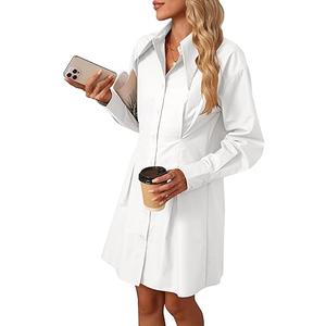 Womens Button Down Shirt Dresses Cotton Button Up Tunics Long Sleeve Solid High Low Blouse Waist Up Dress (Medium, White)