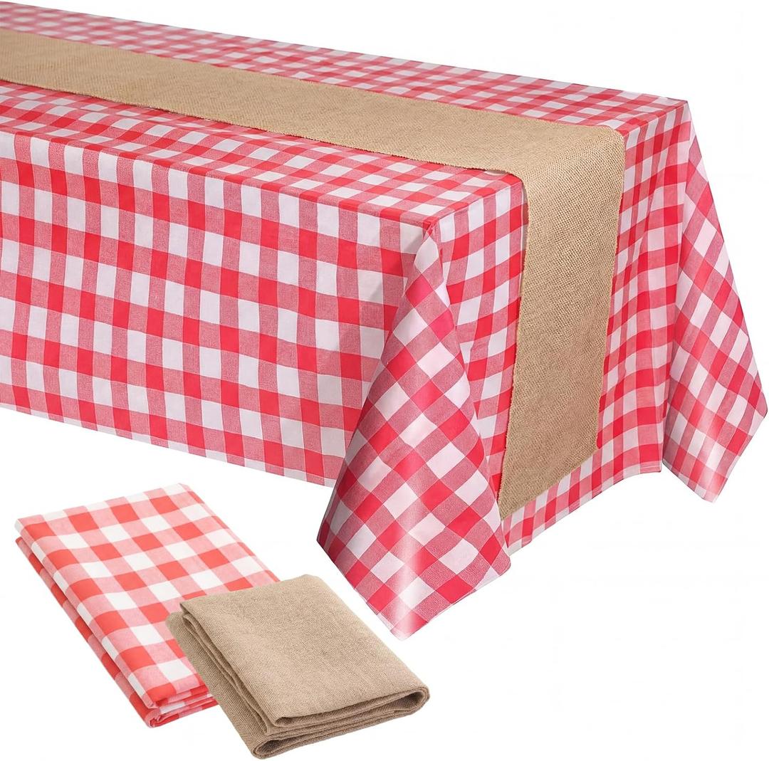 Chumia 2 Pcs Red Gingham Tablecloth Western Cowboy Party Decorations Red and White Checkered Tablecloth Linen Table Runner Disposable Table Cover for Farm Picnic Rodeo Baby Shower Birthday Party Decor
