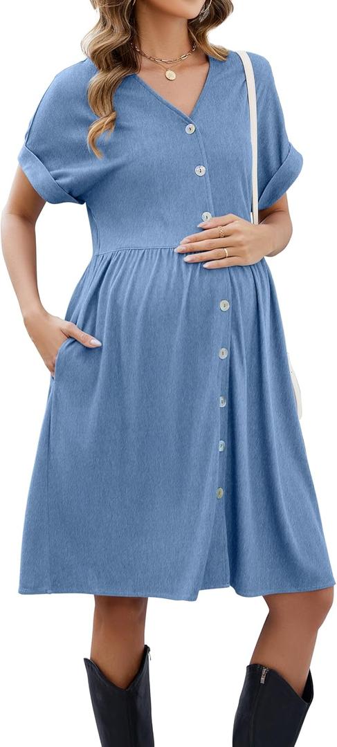 OUGES Womens 2025 Summer Maternity Dress Short Sleeve V Neck Button Down Pregnancy Casual Maternity Clothes with Pockets (Medium, Light Blue)