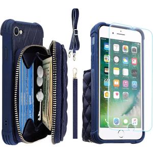 MONASAY Zipper Wallet Case Fit for iPhone SE 2022/2020/8/7, [Glass Screen Protector ][RFID Blocking] Flip Leather Handbag Phone Cover with Card Holder & Crossbody Lanyard Strap, Dark Blue