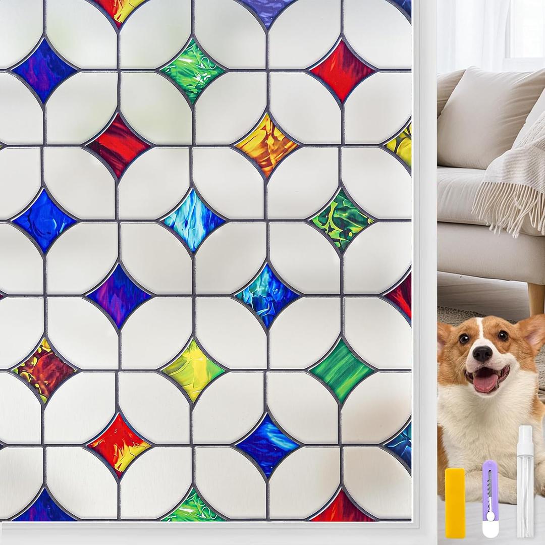 Stained Glass Window Film - Non-Adhesive Colorful Privacy Film | Privacy Protection, Reusable & Renter Friendly | Perfect for Bedroom/Bathroom Room Decor (Frosted Mosaic, 35.4 X 78.7 in)