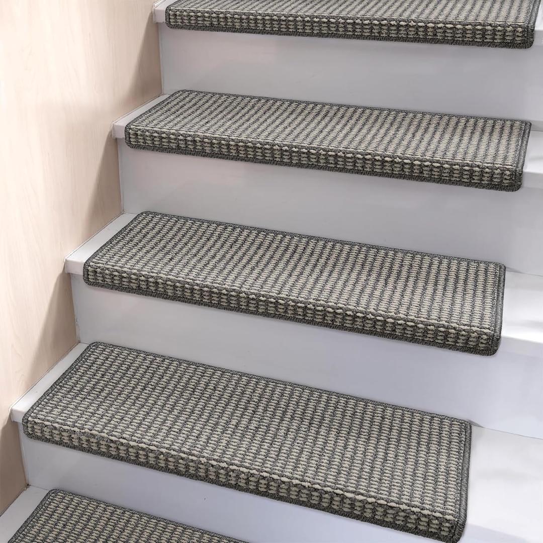 Brakki Bullnose Carpet Stair Treads, Stair Treads for Wooden Steps, 14pcs | Non Slip and Washable, Stair Rug for Indoor Runner and Pets, Soft Edging Staircase Protectors, L29.5" x W9.5", Grey Cream