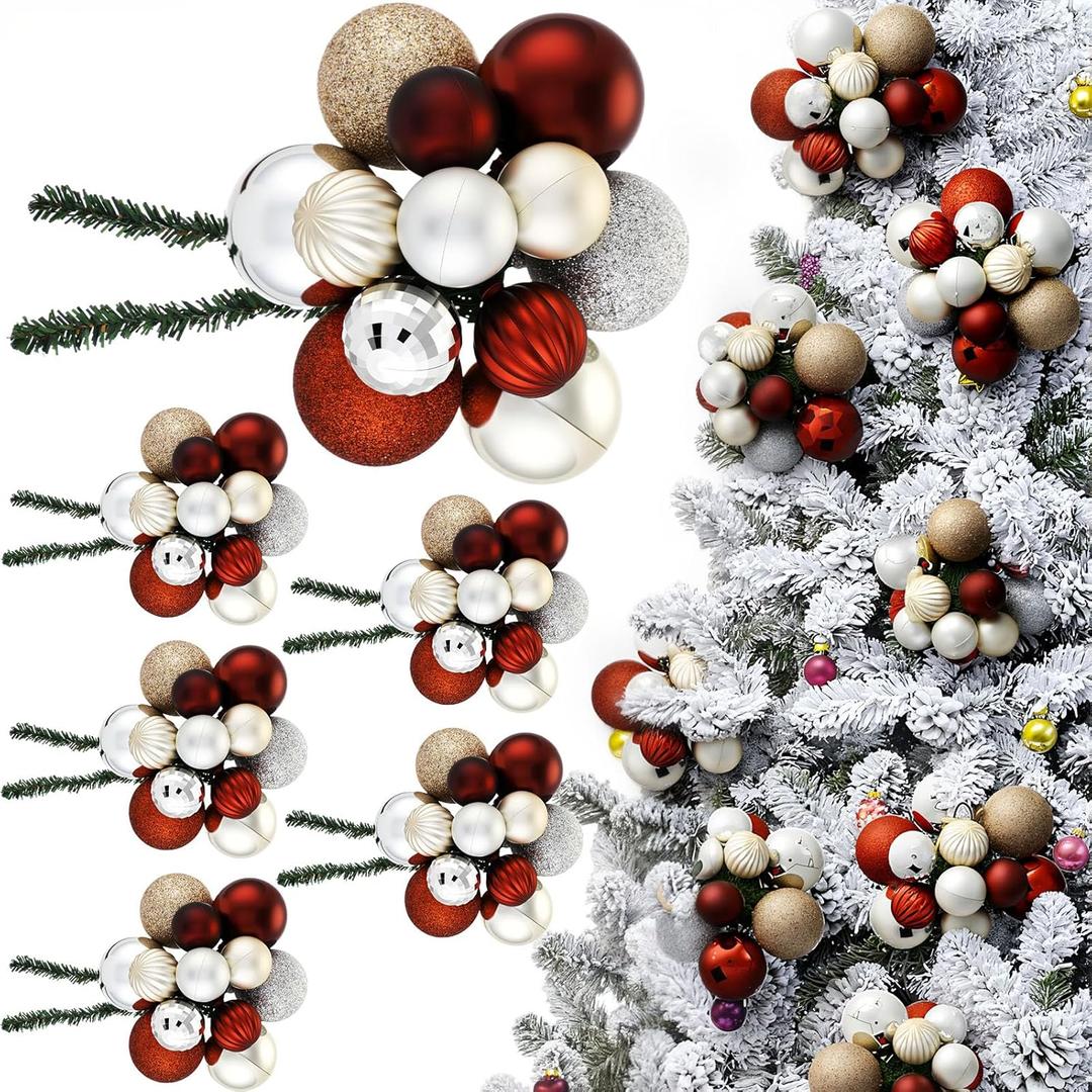 Knitgrip 6 Set Christmas Ball Ornament Cluster 72 Pcs 2.36" 1.57" Glitter Plastic Shatterproof Xmas Ball Ornament Picks Decorations for Christmas Tree Wreath Garland Stairs Decor(Brown,Classic)