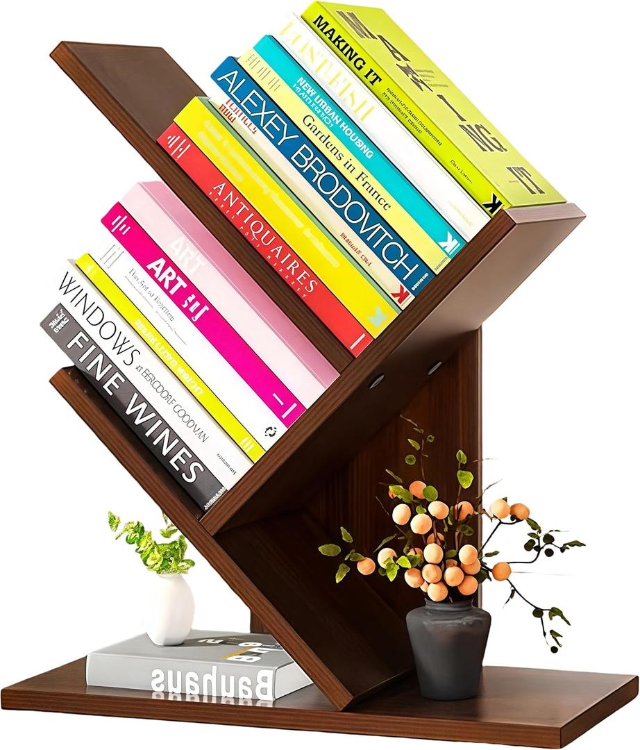 Godferyxin Tree Bookshelf,Small Bookshelf,3 Tier Wood Mini Book Shelf and Book Tree for Office, Home or School Desktop Book Shelf for for Displaying Books, CDs, Magazines Wood Storage Rack