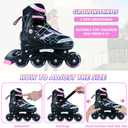 Adjustable Inline Skates for Kids and Teens Ages 4-16, All 8 Wheels of Inline Roller Skates Light Up, Safe and Fun Illuminating for Outdoor Indoor Sports (Black-Pink, Size 7)