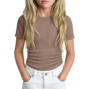 Girls Ribbed Short Sleeve T-Shirt | Crew Neck, Ribbed, Solid, Slim, Basic Layer Tops, Summer, Casual School Outfits, Trendy, Kids, Tween, Teen Youth