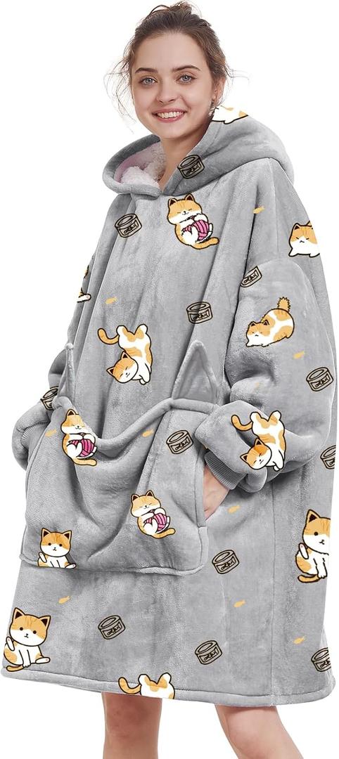 Aemilas Wearable Blanket Hoodie - Warm Sherpa Blanket Sweatshirt as Gifts for Adult Women Mom Men, One Size Fits All (C- Cat Print/Sherpa, Pocket With Cat Ears)