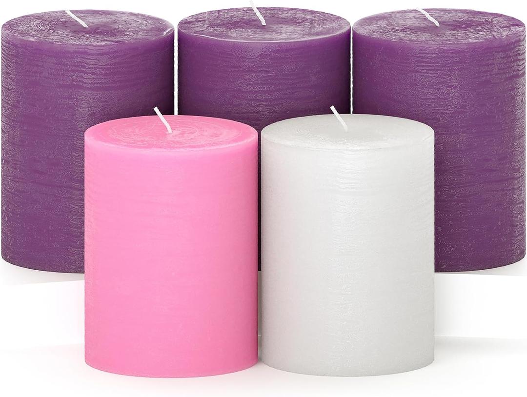 CANDWAX 3x4 Inch Advent Pillar Candles Set of 5 - Long Burning Dripless Unscented Pillar Candles - Rustic Style for Advent Wreaths, Christmas Dcor - 3 Purple, 1 Pink and 1 White Pillars