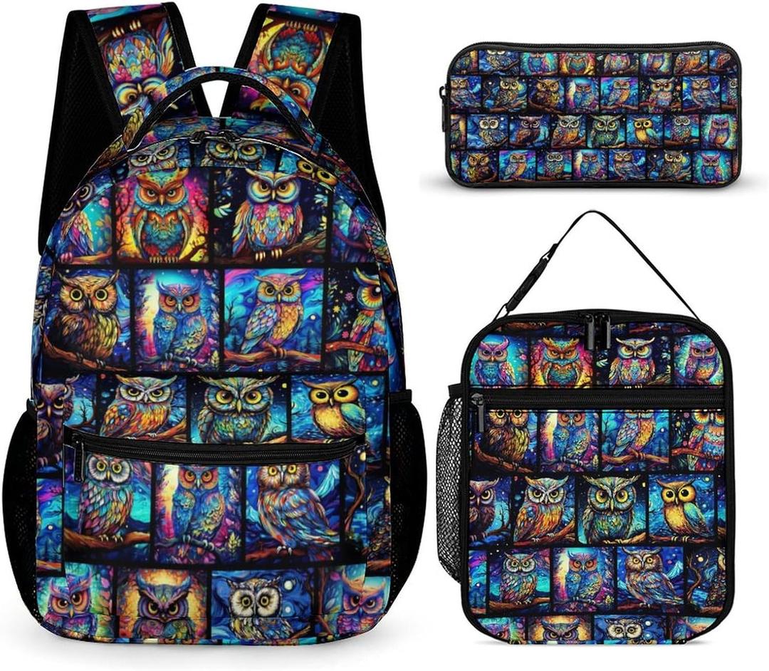 Owl Backpack with Lunch Box & Pencil Case, 16 Inch Cute Owl Themed Bookbag, Adjustable Lightweight Large Capacity, Colorful Backpack Set for Kids Girls Boys School