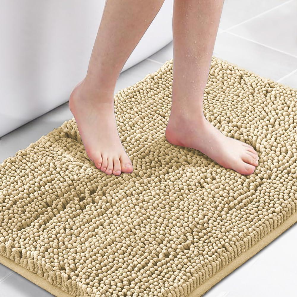 H.VERSAILTEX Bath Mat Bathroom Rug Bath Rugs for Bathroom Non Slip Bath Mats Extra Thick Chenille Rug 17" x 24" Absorbent Soft Shaggy Washable Dry Fast Plush Rugs for Bathtubs - Beige