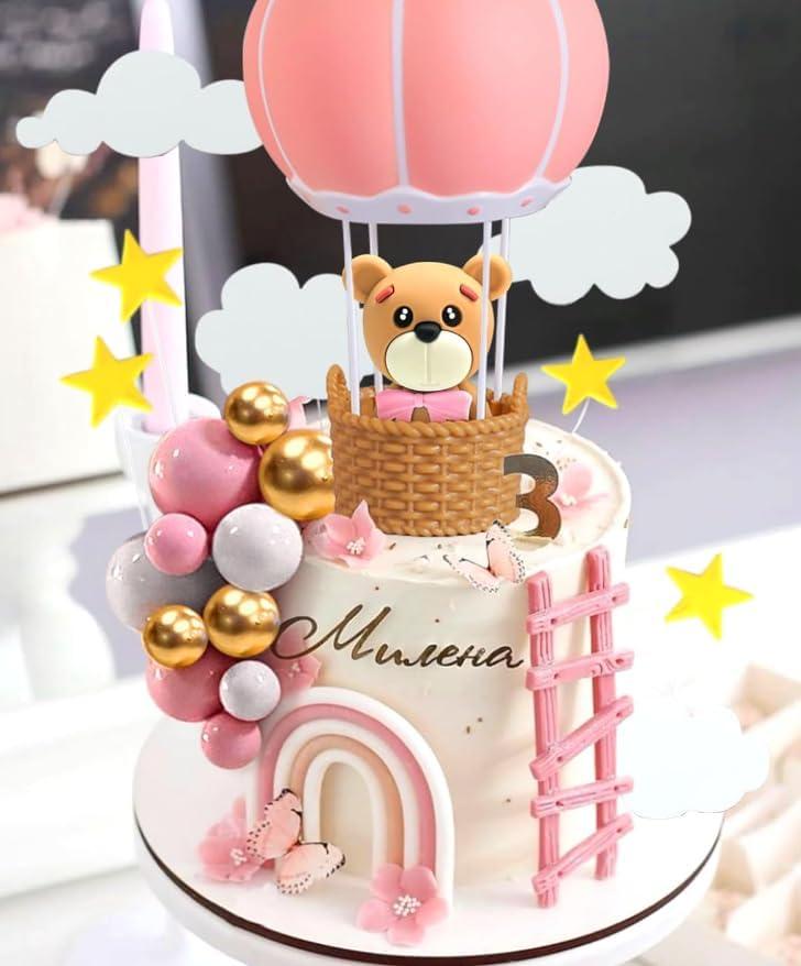 LaVenty Pink Hot Air Balloons Cake Decoration Bear Cake Decoration Baby Bear Baby Shower Cake Topper Baby Shower Birthday Cake Decoration