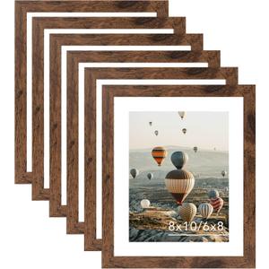 JCJMY 8x10 Picture Frame Set of 6 for Wall Hanging or Tabletop, Display 6 x 8 with Mat or 8 x 10 without Mat, Wood Photo Frames Bulk for 8 by 10 Photo, 6 Pack, Deep Brown