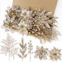 N&T NIETING 30Pcs Champagne Christmas Poinsettia Artificial Flowers & Glitter Berries Leaf Stems Kit Christmas Floral Picks Christmas Tree Garland Wreath Filler Ornaments for Home Party Xmas Decor