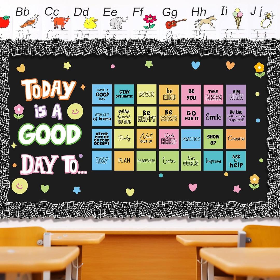 71 Pcs Motivational Bulletin Board Set Today is a Good Day Classroom Decoration White Black Burlap Border Inspirational Positive Cutouts Welcome Back to School Wall Decor, Teacher Supplies