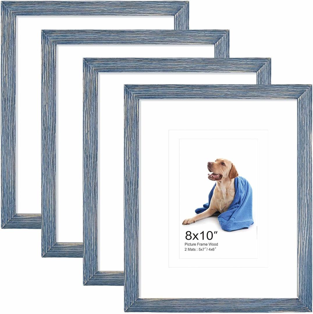 8x10 Hanging Picture Frames,Solid Wood,Not Glass,Display Pictures 4x6,5x7 with Mat or 8x10 Without Mat,Stable Sturdy Picture Frame Set for Wall Mounting or Tabletop (Blue,8x10,Set of 4)