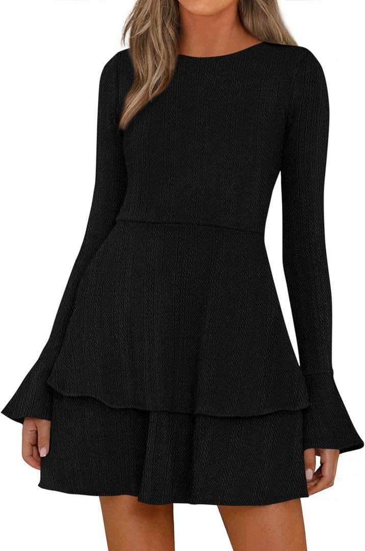 PRETTYGARDEN Womens Fall Fashion 2026 Long Bell Sleeve Mini Sweater Dress Casual Crewneck A Line Knit Short Cocktail Dresses(Black,Small)
