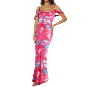 MASCOMODA Spaghetti Strap Long Maxi Dresses for Women 2025 Summer Floral Sexy Bodycon Backless Formal Wedding Guest Dress(Rose Red,Medium)