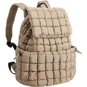 XSUIOY Quilted Backpack Purse for Women Small Lightweight Puffer Puffy College Laptop Backpack Nylon Casual Bookbag Daypack Top Flap Drawstring Padding Hiker Travel Gym Backpack(Khaki)