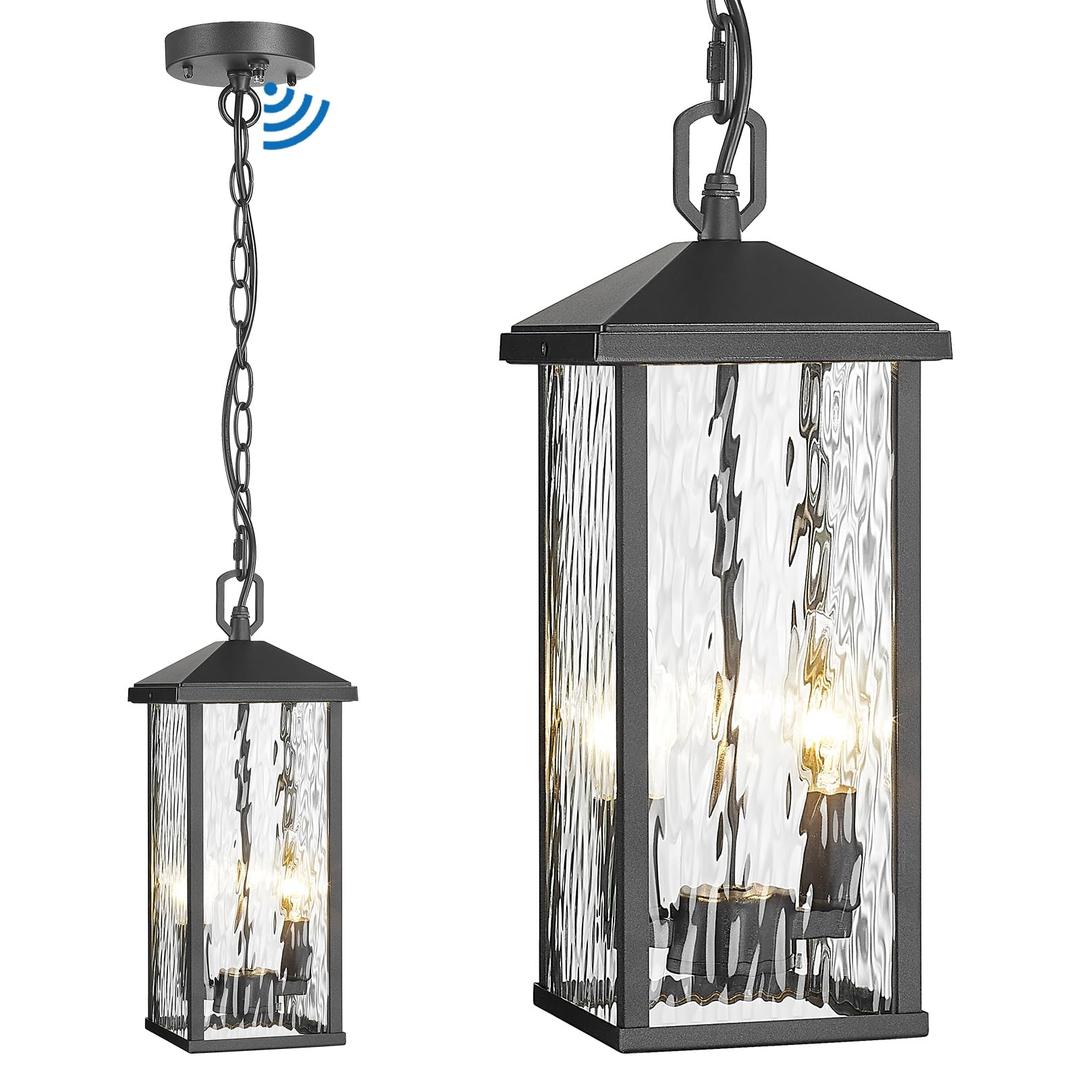 Outdoor Pendant Lights for Porch Chandelier Outdoor Pendant Lights Dusk to Dawn, 2-Light Modern Hanging Porch Lights Exterior Hanging Light Fixture with Water Ripple Glass for Patio Gazebo