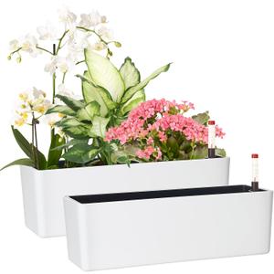 GardenBasix Elongated Self Watering Planter Pots 2-Pack Window Box 5.5 x 16 inch Indoor Home Garden Modern Decorative Planter Pot for All House Plants Flowers Herbs (White, 2)