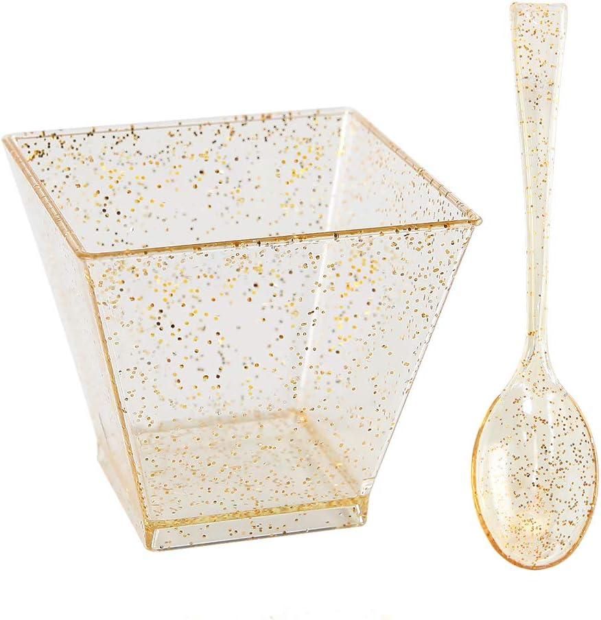 I00000 100 Pack Small Plastic Dessert Cups with Mini Spoons Gold Glitter, Premium Quality, Includes 100 Pieces Small Disposable Square Cups 2 Oz and 100 Pieces Gold Mini Spoons