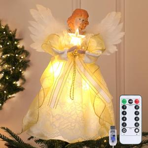 12.5" Angel Christmas Tree Topper with Lights, Lighted Angel Tree Topper with White Feather Wings and Star Light, Remote Control, Timer & USB Powered for Indoor Holiday Tree Decoration