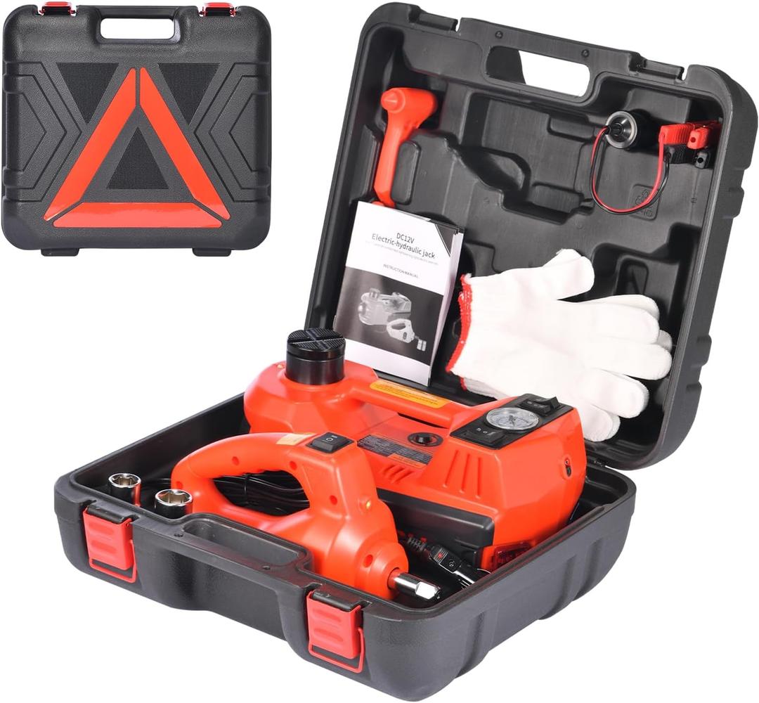 TYAYT 5 Ton Electric Hydraulic Car Jack Kit, Portable with LED Light, Compatible with Car, SUV, Truck, Lifting Range 6-17.7 Inches (Red)