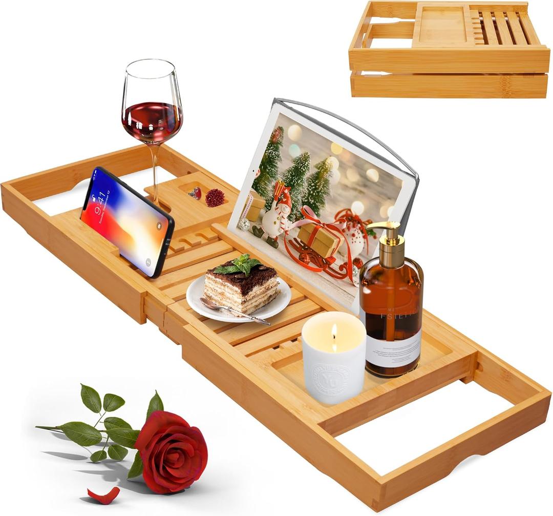 Artmalle Luxury Bathtub Caddy Tray for Tub - Foldable Bamboo Bath Table Tray with Book and Wine Glass Holder, Expandable Bathroom Accessories for Spa or Reading Lite Style (Natural)