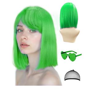 Side Bangs Featured Wigs and Party Sunglasses, Cosplay Color Bob Wig and Party with Neon Glasses for Women - Bachelorette Party Wigs Decorations Favors (Green)