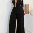 Women's Plus Size Deep V Neck Halter Jumpsuit Elegant Tie Backless Wide Leg Rompers Date Night Outfit (Black, XXL)