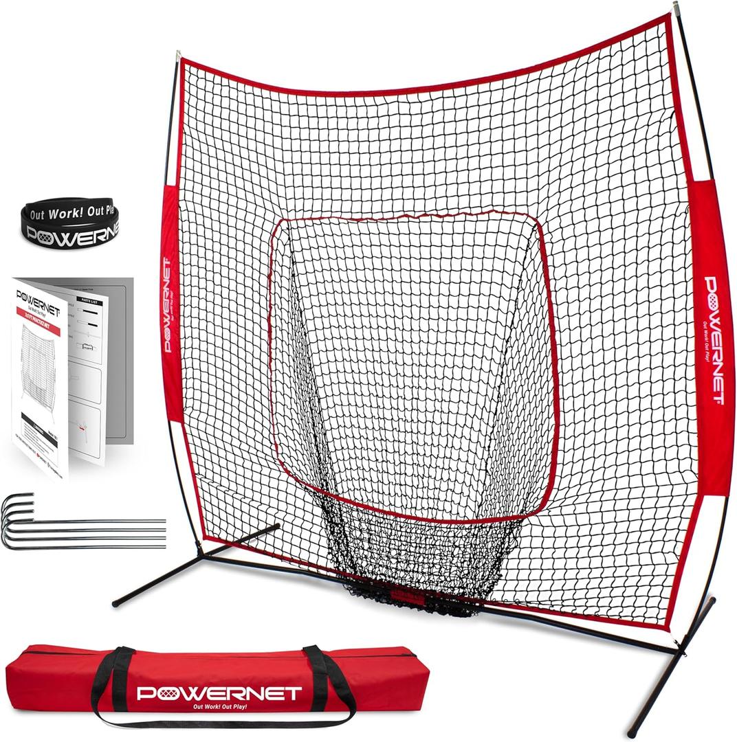 PowerNet Baseball Softball Practice Net 7x7 with Baseball Accessories for Practice Pitching, Batting & Fielding, Ball Caddy, Weighted Baseballs, Tee (Red)