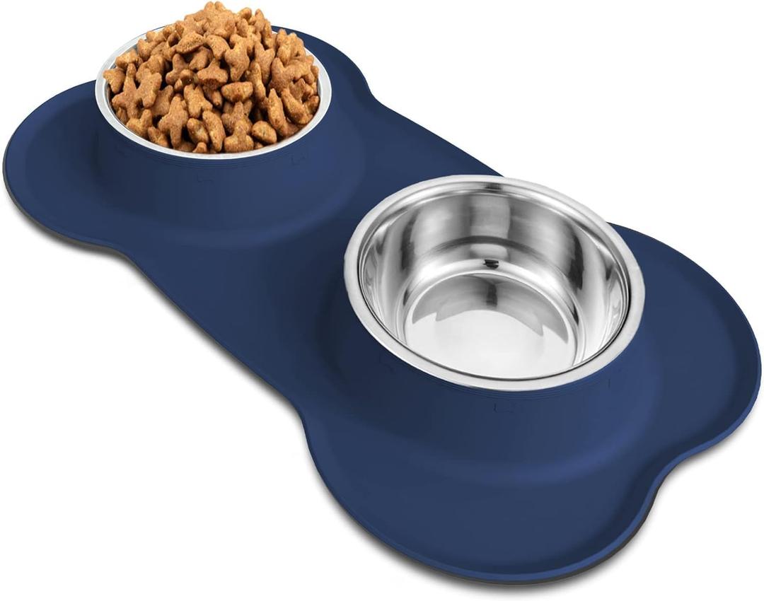 AsFrost Dog Food Bowls Stainless Steel Dog Bowls, Food Water Bowl Set with No Spill Non-Skid Silicone Mat, Dog Dish Double Pet Feeder Bowls for Small Medium Sized Large Dogs Cats Puppy, Blue (4 Cup/38 oz each)