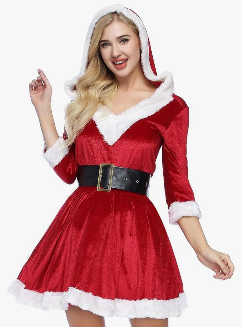 ADOMI Mrs Claus Costume for Women Christmas Costume Santa Dress Adult Hooded 2PCS Santa Clause Outfit Cosplay Suit Holiday M