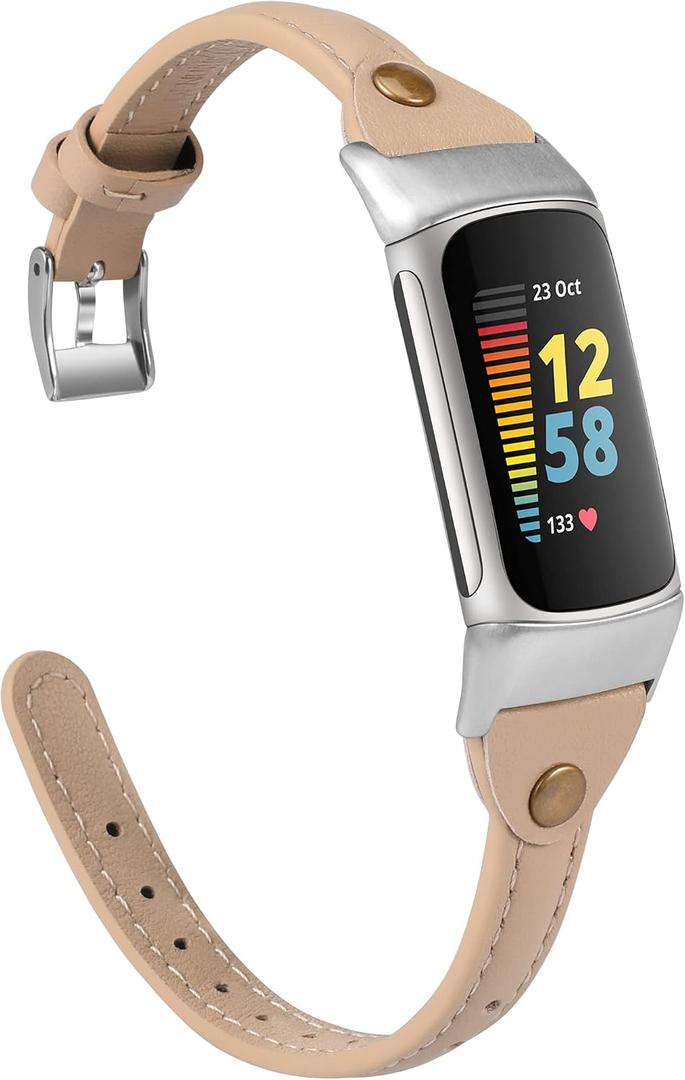 Wearlizer Leather Band Compatible with Fitbit Charge 5/6 Bands - Slim Leather Watch Strap Replacement for Women & Men