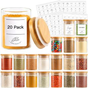 4oz Glass Spice Jars with Bamboo Lids, 20 Pack Clear Borosilicate Glass Food Storage Containers with Wooden Airtight Lids, Cylinder Glass Bottles with Lids for Kitchen Spice Sugar Salt Coffee Tea