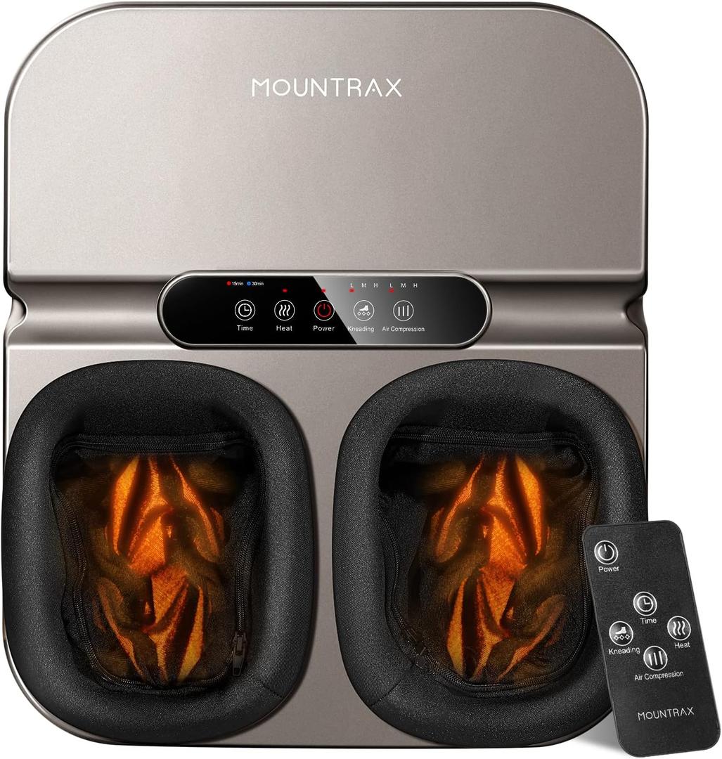 MOUNTRAX Foot Massager Machine with Heat, Deep Kneading Foot Massager for Plantar Fasciitis, Shiatsu Foot Massager with Remote, Fits Feet Up to Men Size 12 (Gray)