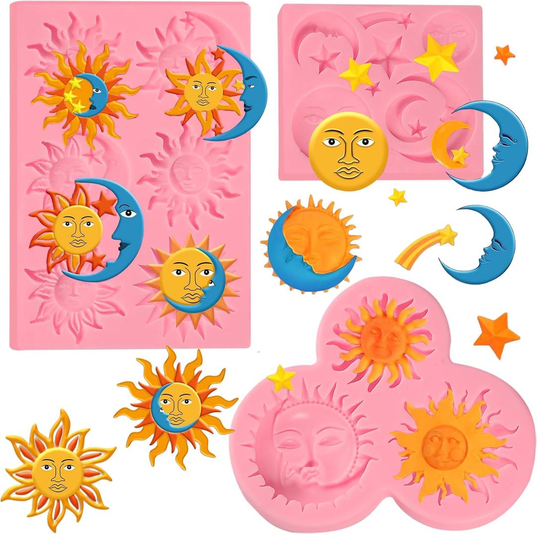Sun and Moon Face Cake Decoration Fondant Mold 3 Pcs, Greek Mythology Various Chocolate Silicone Molds, for Candy, Biscuits, Mousse, Kitchen Baking, Cupcake Toppers, Modeling Clay, Plaster (Sun and Moon Silicone Mold)