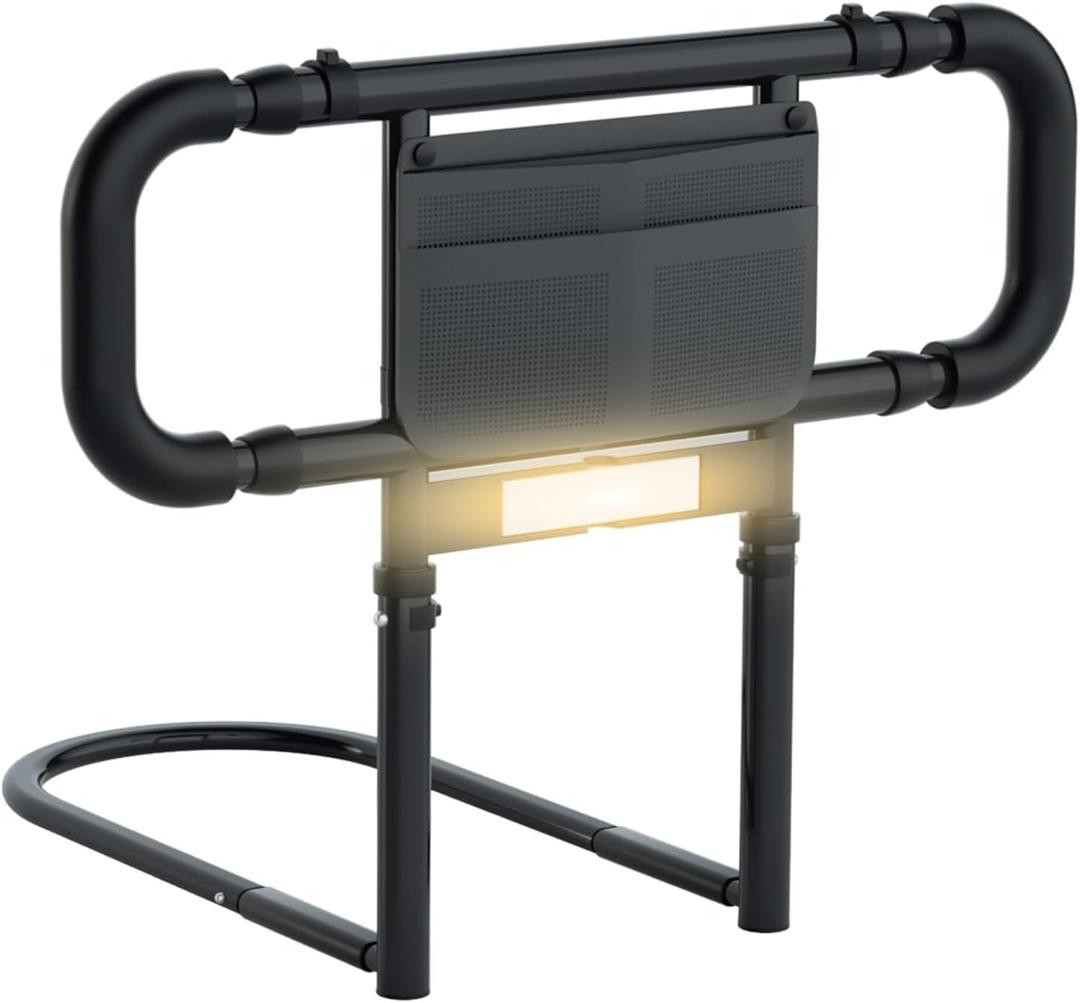 LIUQIBAX Bed Rails for Elderly Adults Safety: Elderly Assistance Products with Adjustable Double Grips, Storage Pocket, Motion Sensor Light, Items for Elderly Bed Rail, Can Withstand 300lb(Black)