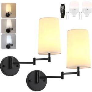 HOXIYA DIMMABLE Battery Operated Wall Sconce, Swing Arm Rechargeable Wall Light Set of 2 with 3 Color Temperature Remote Light Bulb, Farmhouse Wireless Bedroom Lamps Wall Lighting for Indoor Hallway