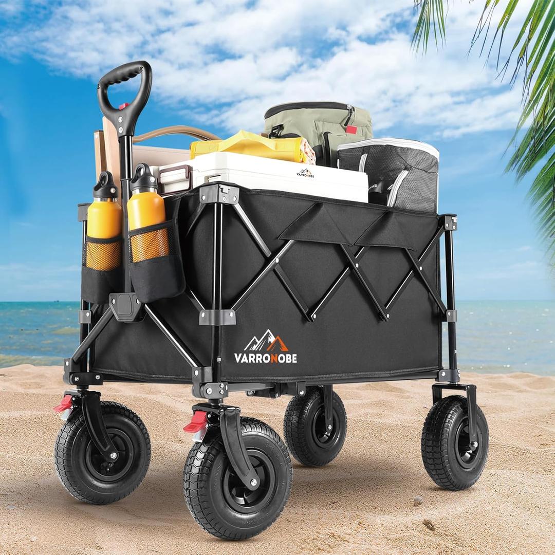 Big Rubber Wheels Beach Wagon Cart Foldable, 9x3 All-Terrain Wheels, Heavy Duty Collapsible Utility Wagon with 330lbs Capacity, Compact Storage, Easy Transport for Sand Camping Sports, Black