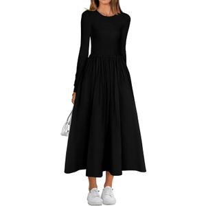 BTFBM Casual Long Sleeve Dresses Spring Dresses 2025 Wedding Guest Dress Midi Dress Flowy Bohemian Long Dress (X-Large, Black)